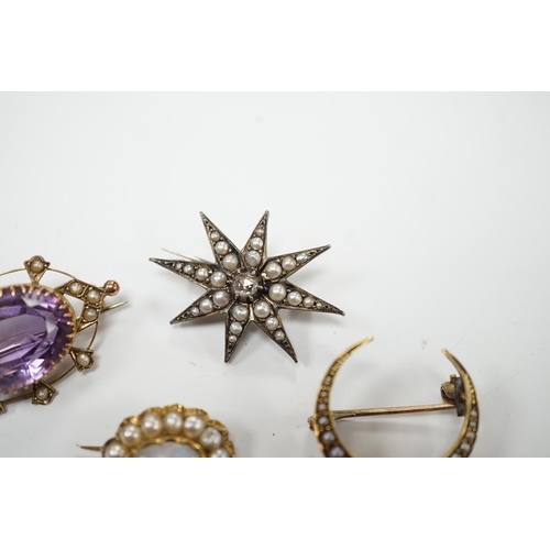 2008 - An early 20th century 9ct, amethyst and seed pearl set oval brooch, 33mm, a yellow metal and seed pe... 