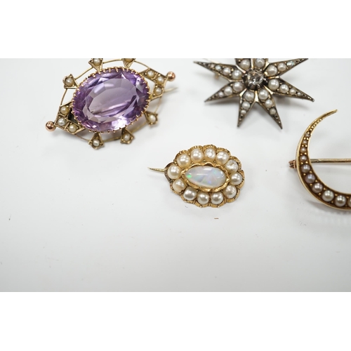 2008 - An early 20th century 9ct, amethyst and seed pearl set oval brooch, 33mm, a yellow metal and seed pe... 