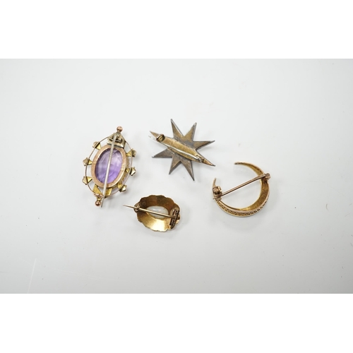 2008 - An early 20th century 9ct, amethyst and seed pearl set oval brooch, 33mm, a yellow metal and seed pe... 