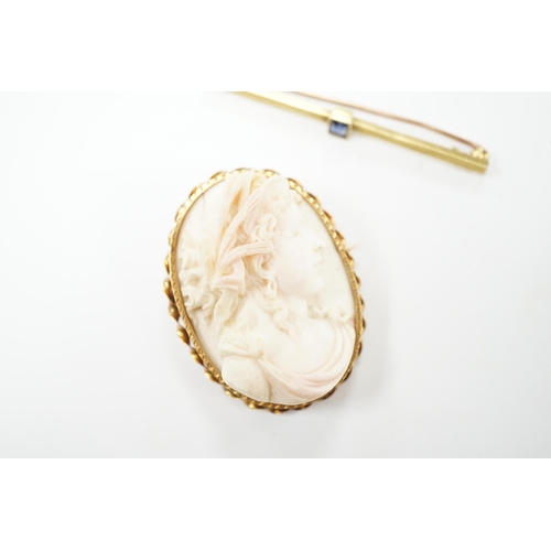 2010 - A yellow metal mounted composition cameo set oval brooch, 46mm, together with a yellow metal and gem... 