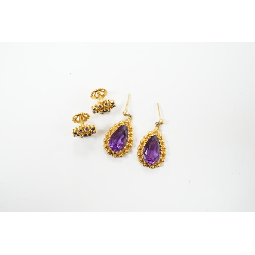 2011 - Two pairs of yellow metal and gem set earrings including amethyst pear cut, 21mm, gross weight 12 gr... 