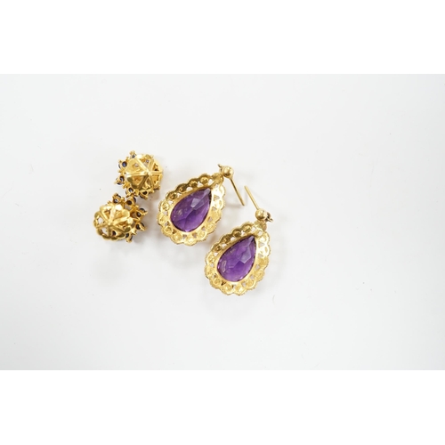 2011 - Two pairs of yellow metal and gem set earrings including amethyst pear cut, 21mm, gross weight 12 gr... 