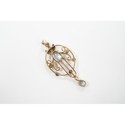 2012 - A 1960's Edwardian style 9ct gold and gem set drop pendant, 40mm, gross weight 2.5 grams.