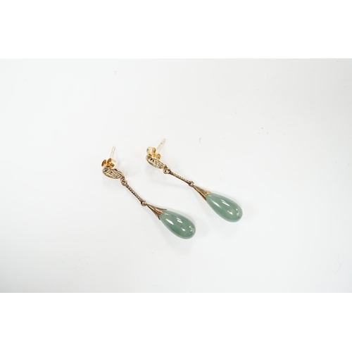 2018 - A pair of Chinese yellow metal and jade set drop earrings, 45mm, gross weight 5.7 grams.