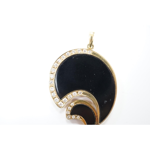 2023 - A Hong Kong 585 yellow metal, black onyx and diamond set stylised pendant, 43mm, gross weight 12.1 g... 