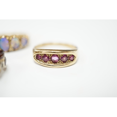 2033 - Two recent 9ct gold and gem set rings, including graduated five stone opal half hoop ring, together ... 