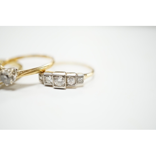 2034 - Four assorted 18ct and diamond set rings including a graduated five stone, three stone and two solit... 