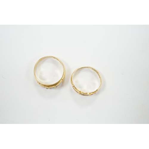 2036 - A late Victorian 18ct gold and three stone white opal set half hoop ring, with diamond chip spacers,... 