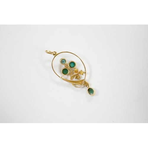 2049 - An Edwardian yellow metal (tests as 15ct) turquoise and seed pearl cluster set drop pendant, overall... 