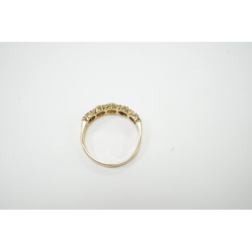 2050 - A modern 9ct gold and five stone white opal set half hoop ring, size T/U, gross weight 2.9 grams.... 