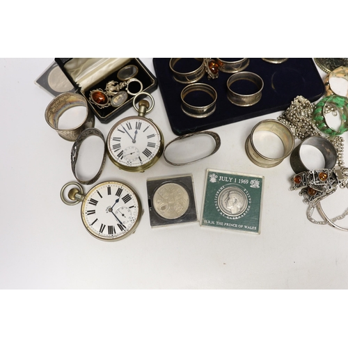 2074 - Sundry, silver, plated items, jewellery, commemorative coins and pocket watches including napkin rin... 