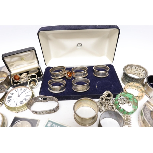 2074 - Sundry, silver, plated items, jewellery, commemorative coins and pocket watches including napkin rin... 