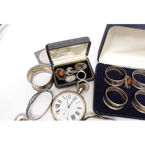 2074 - Sundry, silver, plated items, jewellery, commemorative coins and pocket watches including napkin rin... 