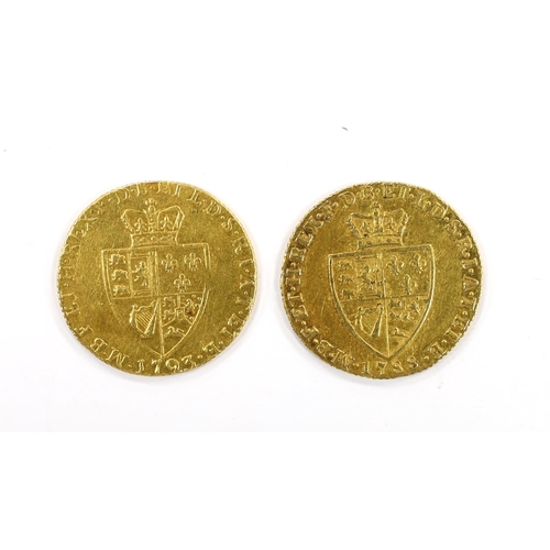 2094 - British gold coins, two George III guineas, 1788, good VF and 1793, edge wear otherwise F, both (S37... 