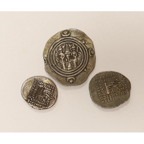 2107 - Sasanian Kingdom AR drachm, 4g, holed and clipped otherwise VF and Parthian Kingdom, two AR drachm, ... 