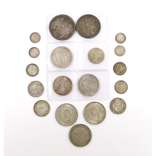 2128 - British Mixed silver coins including 1915 shilling GEF, Victoria crown 1887 and double florin etc.... 