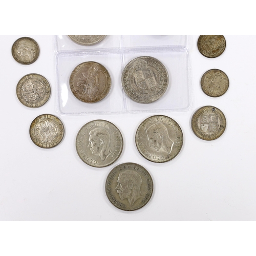 2128 - British Mixed silver coins including 1915 shilling GEF, Victoria crown 1887 and double florin etc.... 