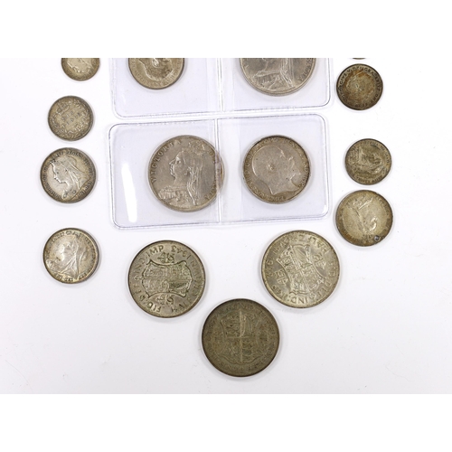 2128 - British Mixed silver coins including 1915 shilling GEF, Victoria crown 1887 and double florin etc.... 