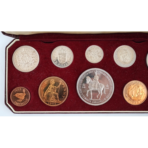 2131 - British coins, Queen Elizabeth II coronation proof coin set 1953, farthing to five shillings, cased... 