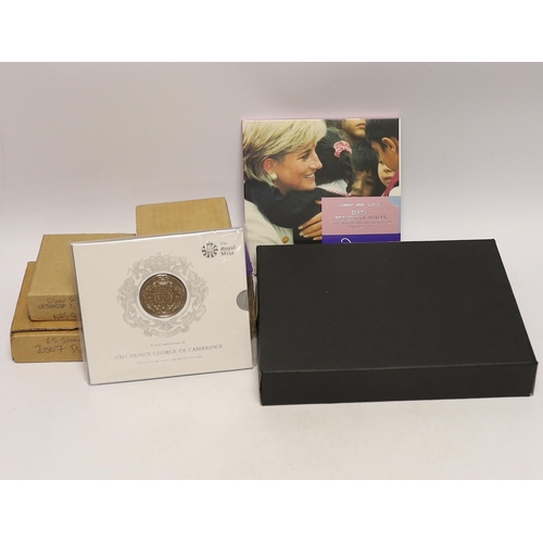 2161 - Royal Mint UK QEII proof silver coins - 2007 Diana £5, 1980 Queen Mother 80th crown, 1999 Edward and... 