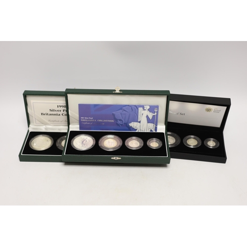 2168 - Three Royal Mint UK QEII four-coin silver proof Britannia collection sets for 1998, 2001 and 2008, 3... 