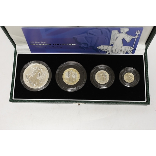 2168 - Three Royal Mint UK QEII four-coin silver proof Britannia collection sets for 1998, 2001 and 2008, 3... 