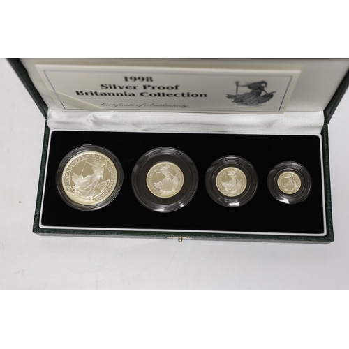 2168 - Three Royal Mint UK QEII four-coin silver proof Britannia collection sets for 1998, 2001 and 2008, 3... 