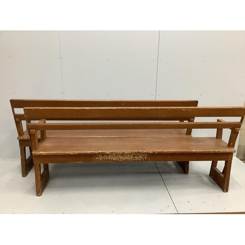 120 - A pair of late 19th century Continental painted pine station benches with hinged adjustable backs, l... 