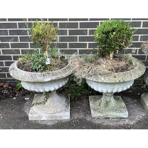 128 - A pair of circular reconstituted stone campana garden urns, diameter 60cm, height 50cm