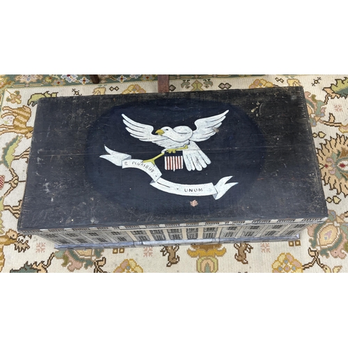 164 - A 19th century pine trunk, later painted with a depiction of The White House and an American crest, ... 