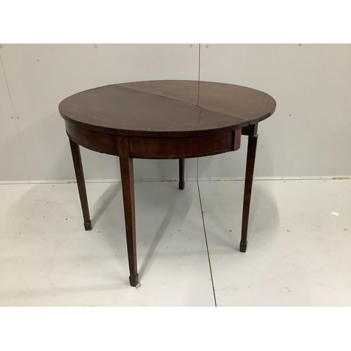 18 - A George III banded mahogany D shaped tea table, width 99cm, depth 49cm, height 73cm