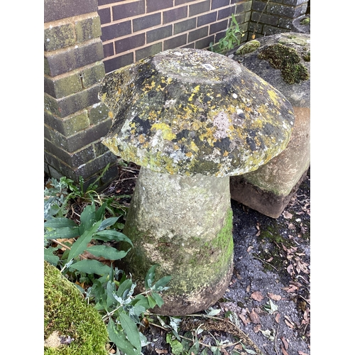 181 - A weathered reconstituted staddle stone, height 77cm