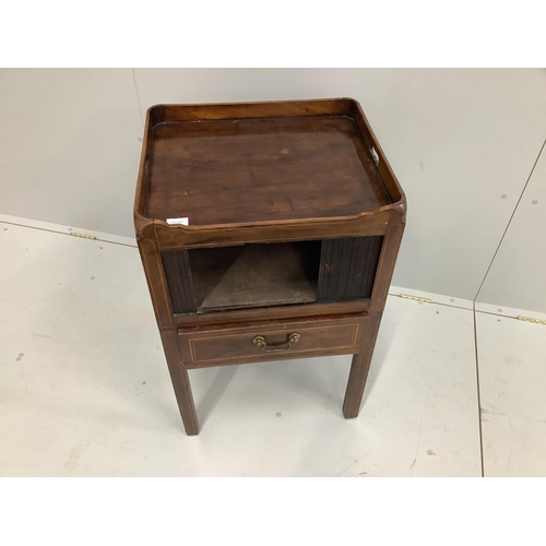 21 - A George III mahogany tray top tambour bedside cabinet, width 51cm, depth 45cm, height 80cm