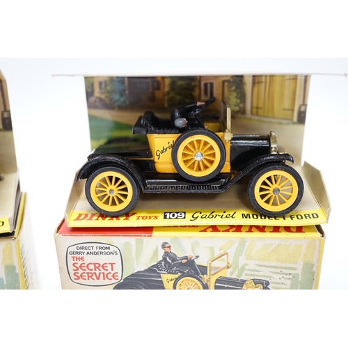 264 - Two Dinky Toys (109) Gabriel Model T Ford, both boxed with inner display stands