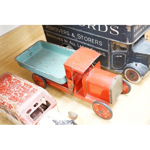 268 - Three model vehicles including; a tinplate Tri-ang tipper lorry, a Pickfords removal van (believed t... 