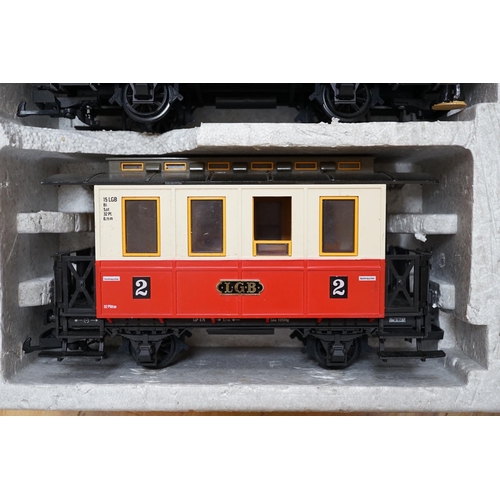 270 - An LGB by Lehman 45mm passenger train set, comprising an 0-4-0T locomotive, two coaches, track and a... 