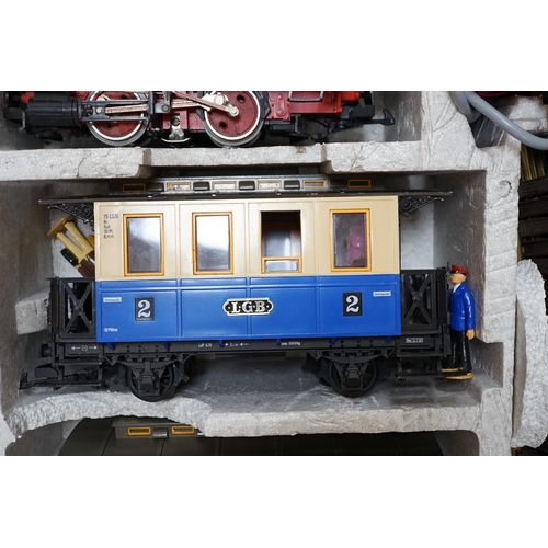 270 - An LGB by Lehman 45mm passenger train set, comprising an 0-4-0T locomotive, two coaches, track and a... 