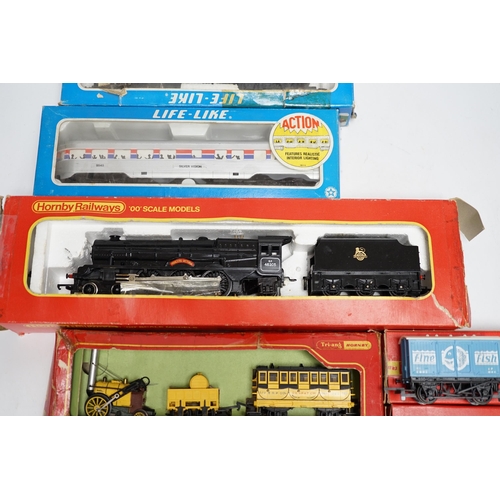 278 - Eight items of 00 and HO gauge model, railway, including; a Tri-ang Stevensons Rocket set (R346), a... 