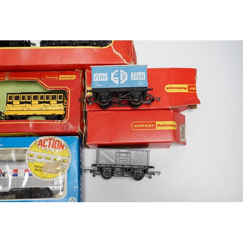 278 - Eight items of 00 and HO gauge model, railway, including; a Tri-ang Stevensons Rocket set (R346), a... 