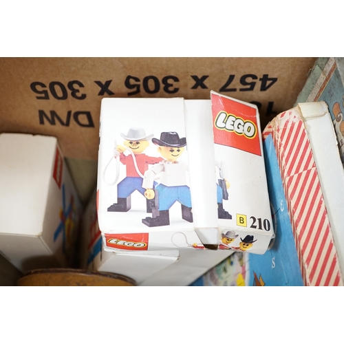 289 - Five boxed 1970s Lego sets, a boxed, Bagatelle board, two Mucki hedgehog dolls, two small trolls, ji... 