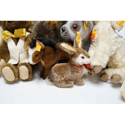 294 - Thirteen Steiff yellow tag animals and one yellow tag bear, including Snorry fox, Mannie rabbit, Nag... 