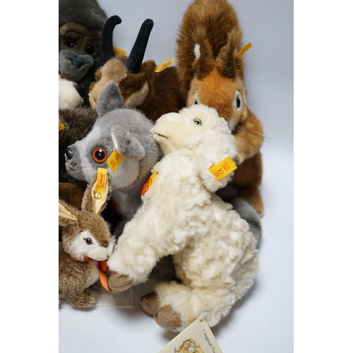 294 - Thirteen Steiff yellow tag animals and one yellow tag bear, including Snorry fox, Mannie rabbit, Nag... 