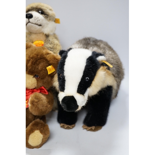 295 - Seven Steiff animals, yellow tag: bear, Sigi badger, Rocky, Muneeb hare, Meerkat and others