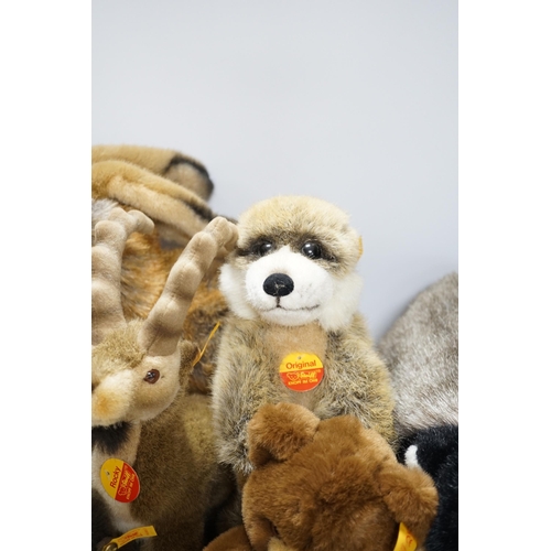 295 - Seven Steiff animals, yellow tag: bear, Sigi badger, Rocky, Muneeb hare, Meerkat and others