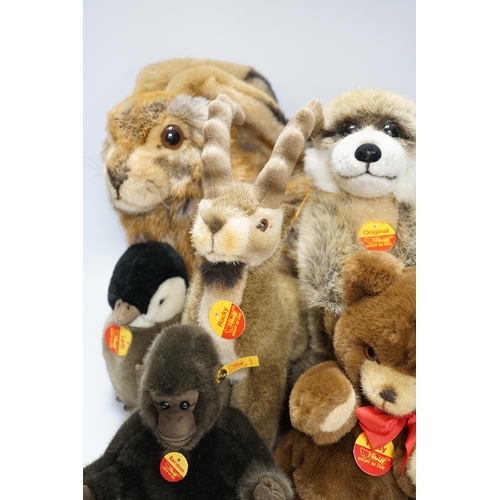 295 - Seven Steiff animals, yellow tag: bear, Sigi badger, Rocky, Muneeb hare, Meerkat and others