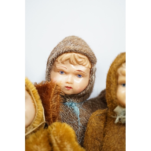 301 - Four Teddy dolls with celluloid faces, c.1990