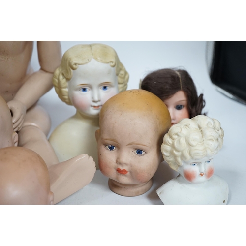 329 - Ten bisque doll's heads and a reproduction Jules Steiner doll