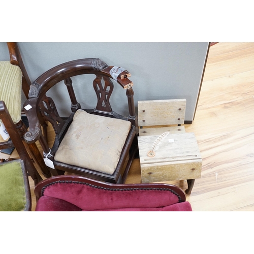 337 - A tall mahogany chair for a doll, together with six pieces of doll's furniture including a chaise lo... 