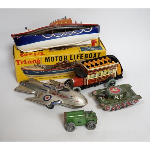 362 - A collection of tinplate toys including cars, a fire engine, a Firebird jet plane, a Tri-ang lifeboa... 