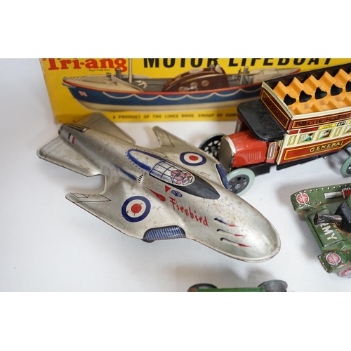 362 - A collection of tinplate toys including cars, a fire engine, a Firebird jet plane, a Tri-ang lifeboa... 